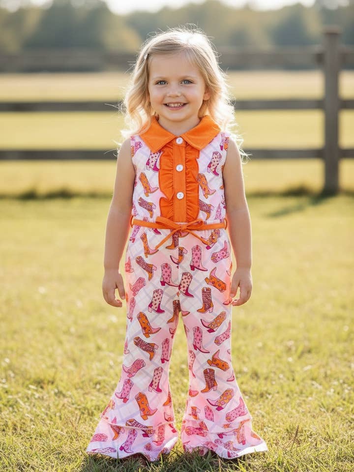 Pink & orange boot printed girls jumpsuit. PNG50460 JEAN for wholesale by Kids Charm Online