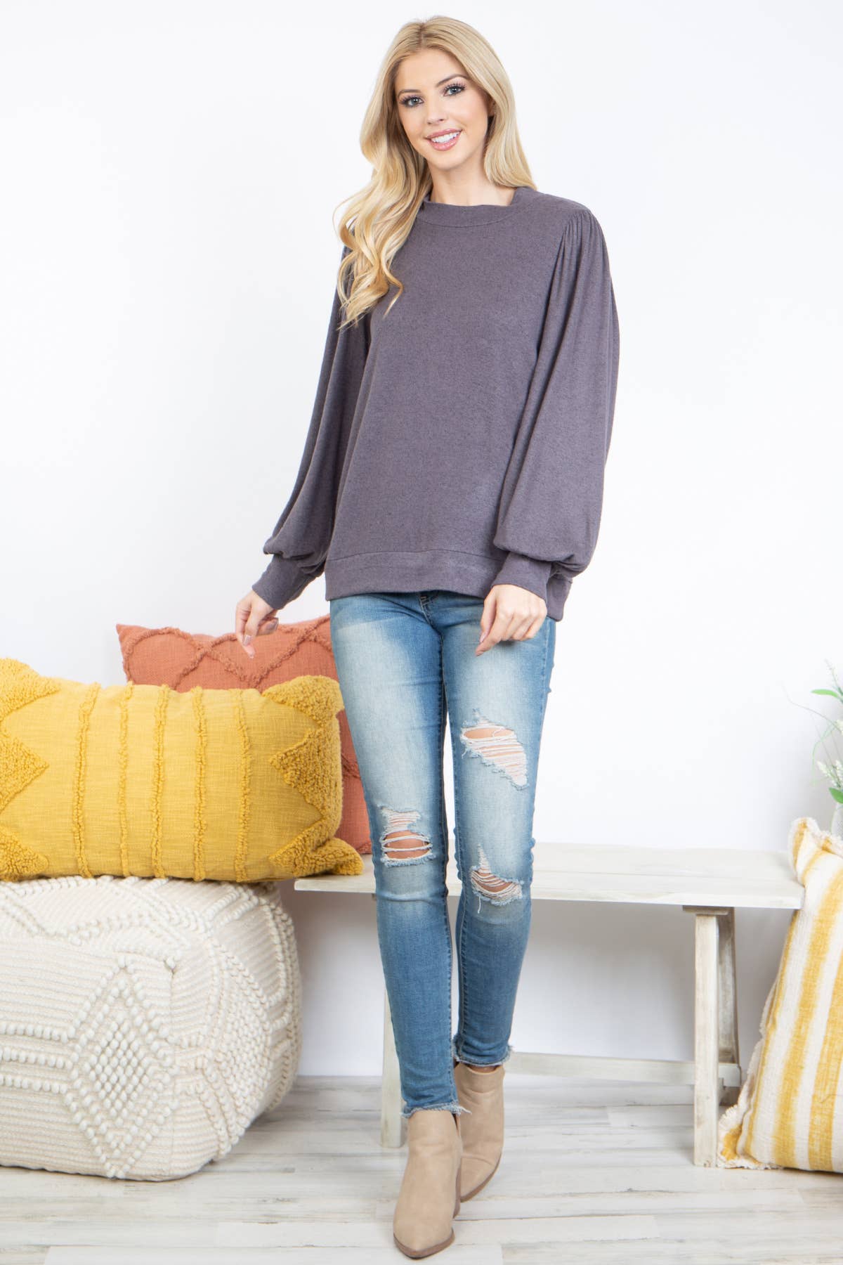 You & Me - Vente Haut en maille – femme - VENTE ! ! ! PPT21143 - HAUT À MANCHES BOUFFANTES À COL ROND - ANTHRACITE54