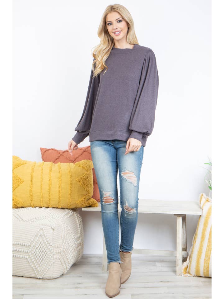 You & Me - Vente Haut en maille – femme - VENTE ! ! ! PPT21143 - HAUT À MANCHES BOUFFANTES À COL ROND - ANTHRACITE54