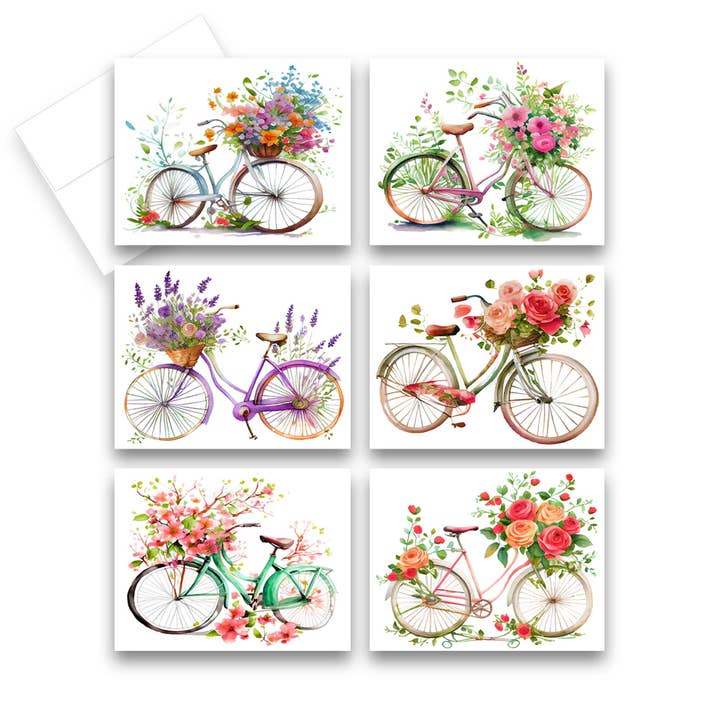 Assorted Spring Bike Greeting Cards, Set of 6, Blank Inside for wholesale by Aria Rae