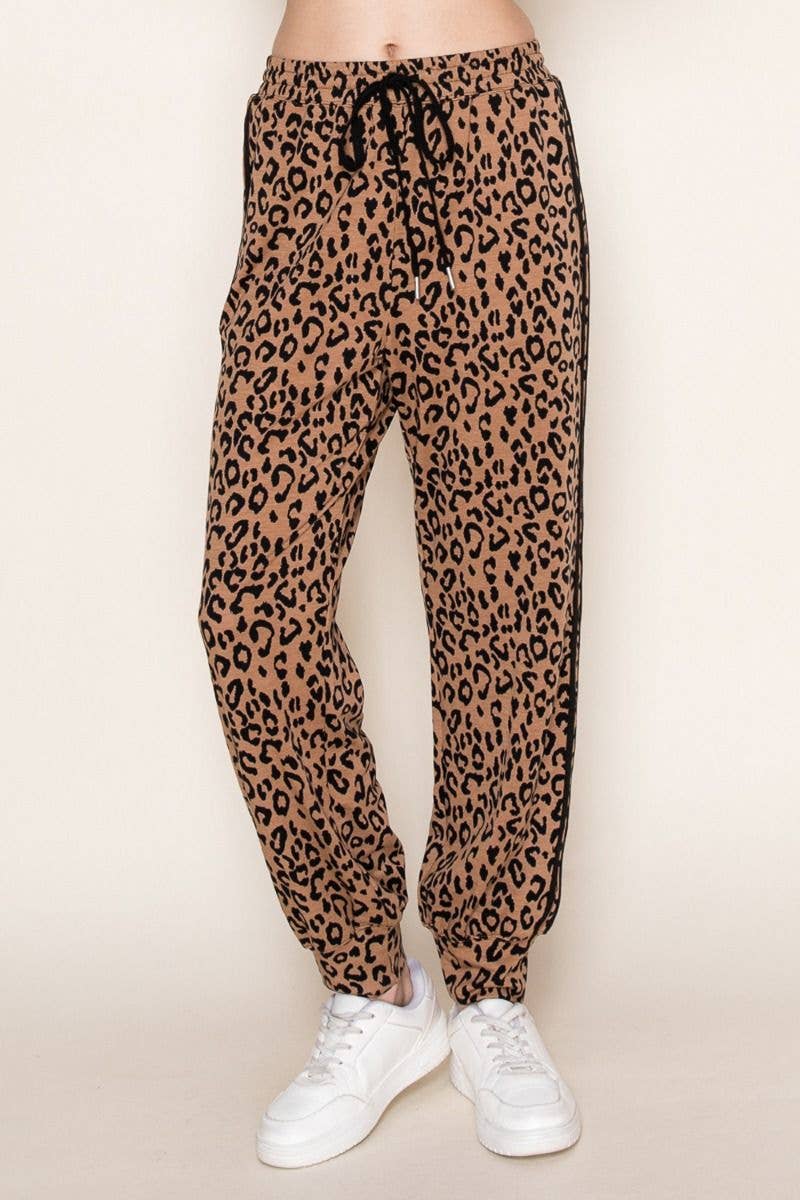Taupe P80291 High Waisted Leopard Print Knit Joggers for wholesale on Faire2