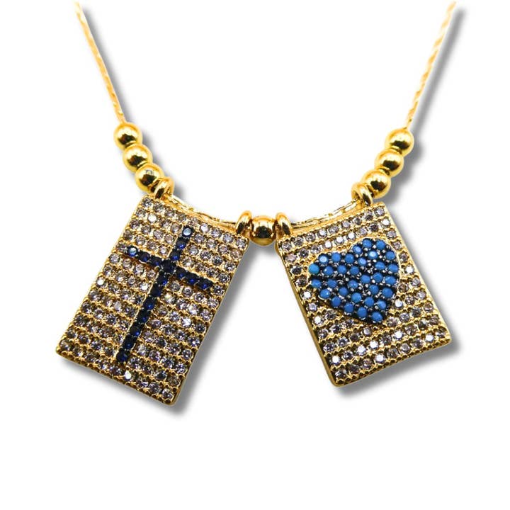 Gold-Plated Cross Heart Scapular Necklace with White and Blue Cubic Zirconia 18-inch for wholesale by Guadalupe Gifts