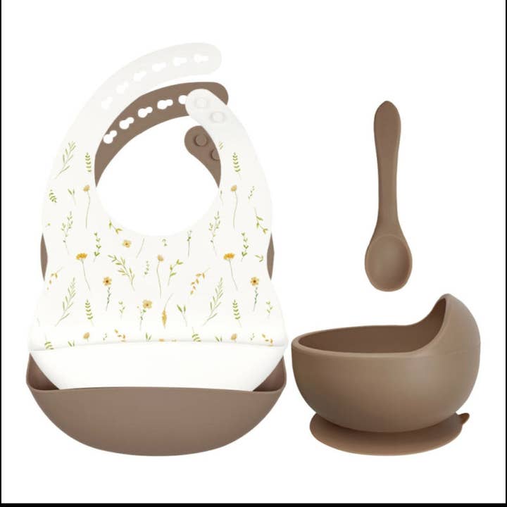 Set aus Silikon-Lätzchen, Schüssel mit Saugnapf und Löffel – Wild Flowers Weiß & Sand für den Großhandel von Rammelaartje