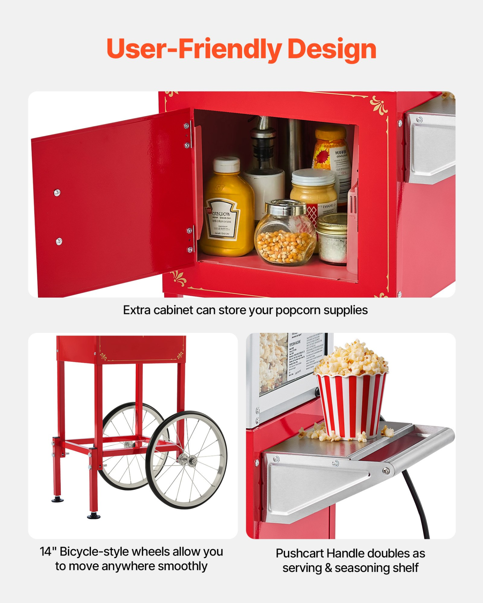 VEVOR Popcorn Machine with Cart, 8oz Stainless Steel Kettle, 800W Commercial Popcorn Maker, 48 Cups per Batch Theater Style Popper, with 2-Button Control Glass Wall PC Door 1 Scoop 3 Spoons, Red for wholesale on Faire3