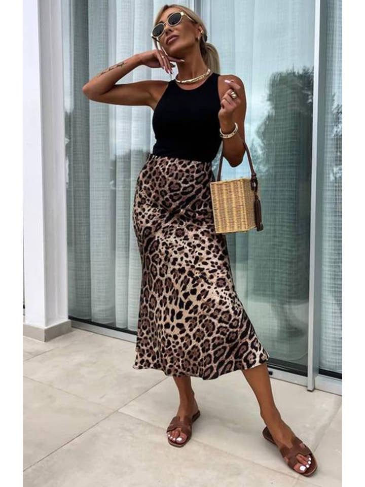 Zara Satin Leopard Print Midaxi Skirt-Dark Brown for wholesale on Faire