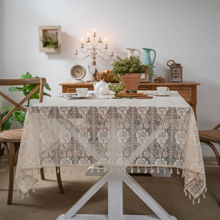ACCITY - Wholesale Tablecloth - CROCHET HOLLOW TABLECLOTHS WITH TASSELS_CWMM00213