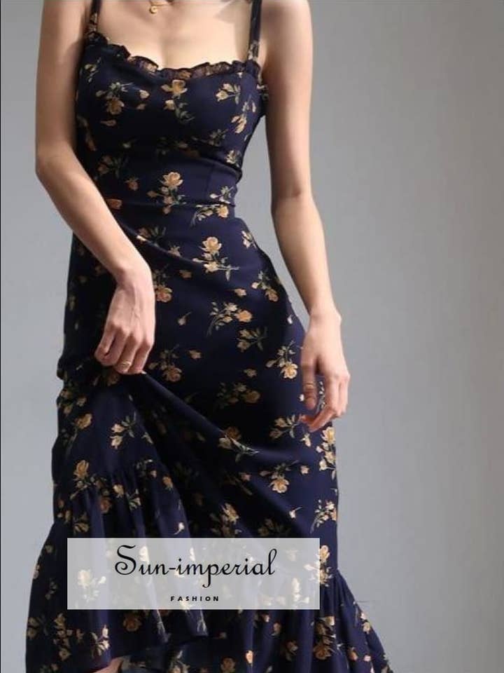 Vintage Navy Blue Floral Tie Cami Strap Midi Dress A-Line for wholesale by Sun Imperial