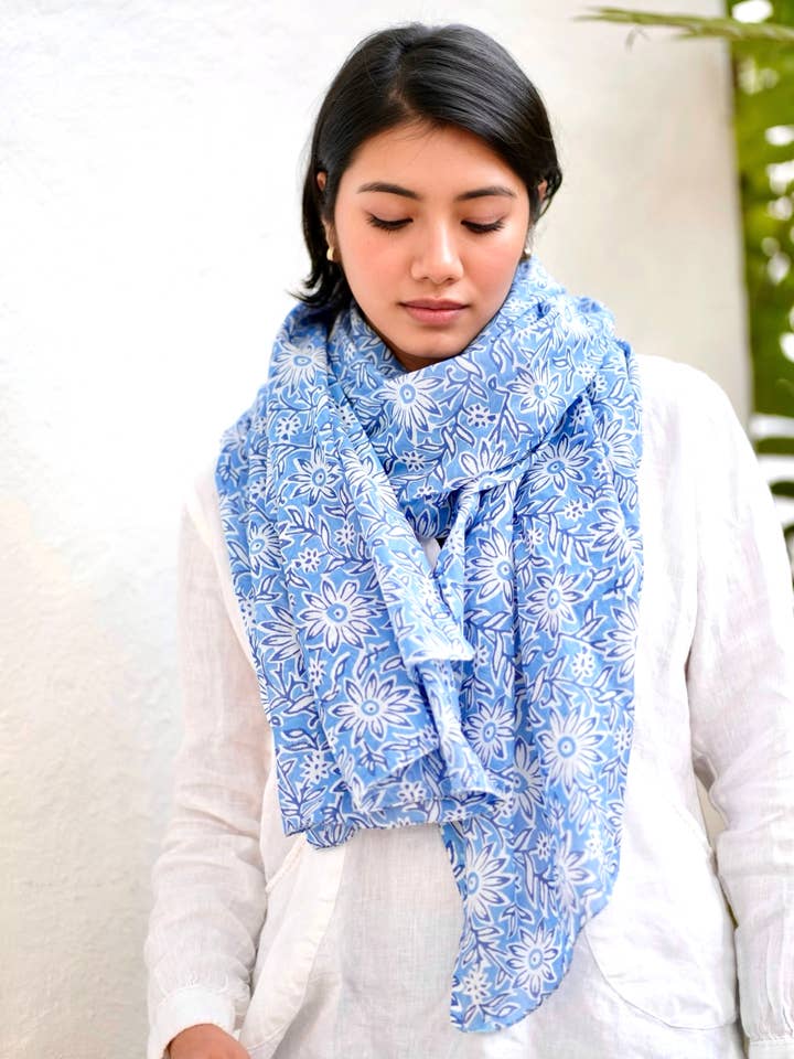 Julie Daisy Cotton Block Print Scarf/Sarong Large Blue for wholesale by Dolma