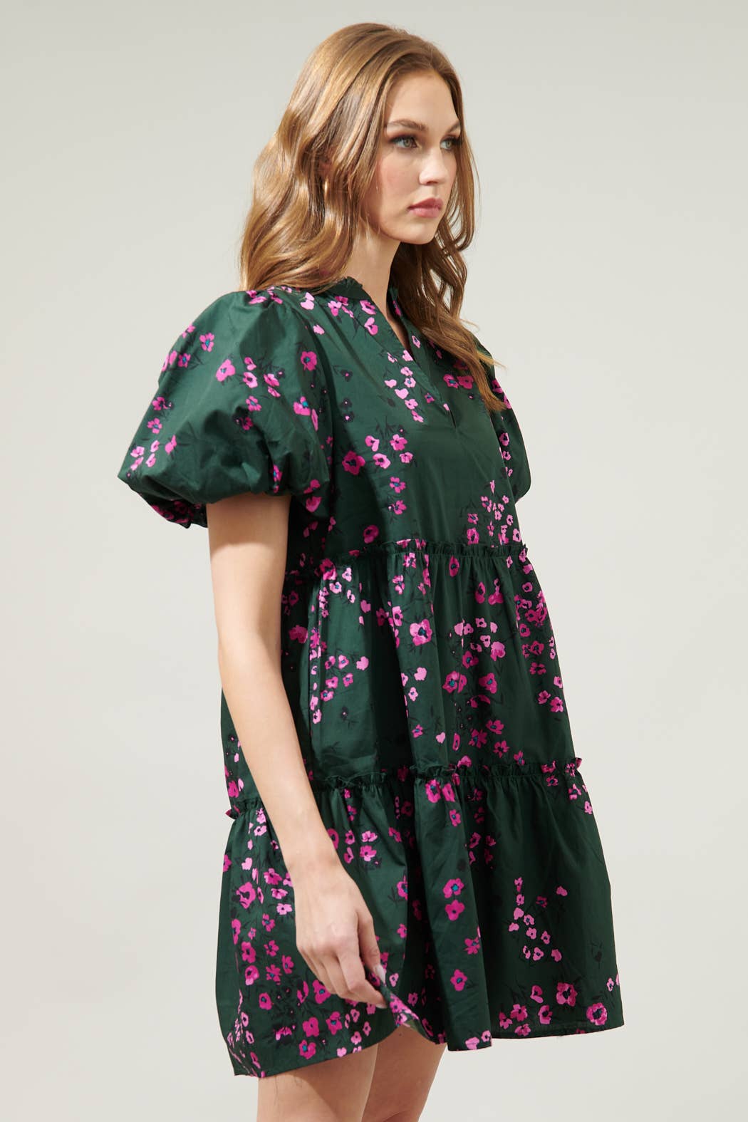 EMERALD MULTI Anissa Floral Jeanne Bubble Sleeve Babydoll Dress for wholesale on Faire2