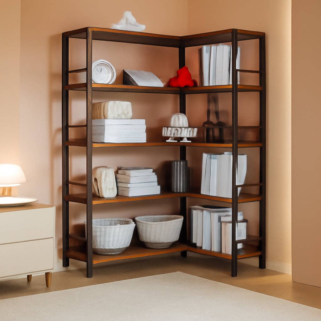 Vintage Brown 5-Tier Industrial Corner Bookcase With Metal Frame for wholesale on Faire0