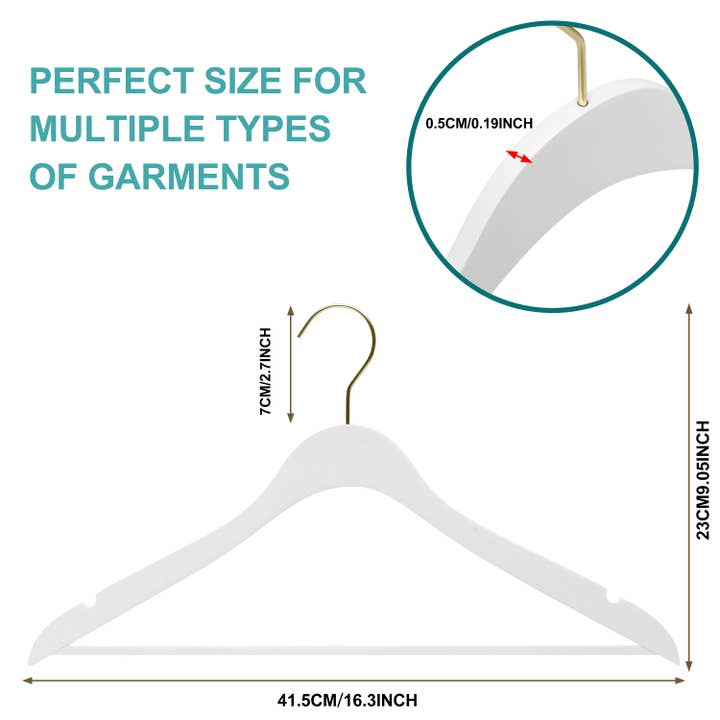 Quality Hangers - Wholesale Clothes Hangers - WS70-WT-GL 16.5" Ultra Slim White Wood Hangers w/ Gold Hook5