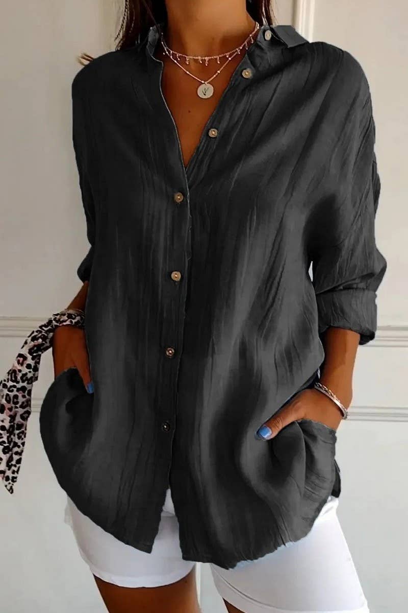 NINEXIS - Wholesale Shirt - Women's - CWTSTL2281_SOLID COLOR SINGLE BREASTED PLEATED LAPEL SHIRT11