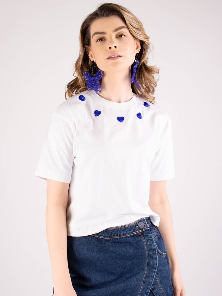 Beaded Blue Hearts White Cropped T-shirt for wholesale by Arara