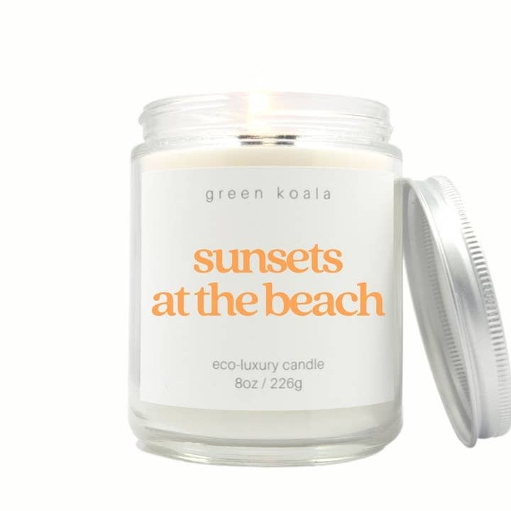 Bougies Éco-Luxe 8oz Coucher de Soleil à la Plage pour la vente par Green Koala