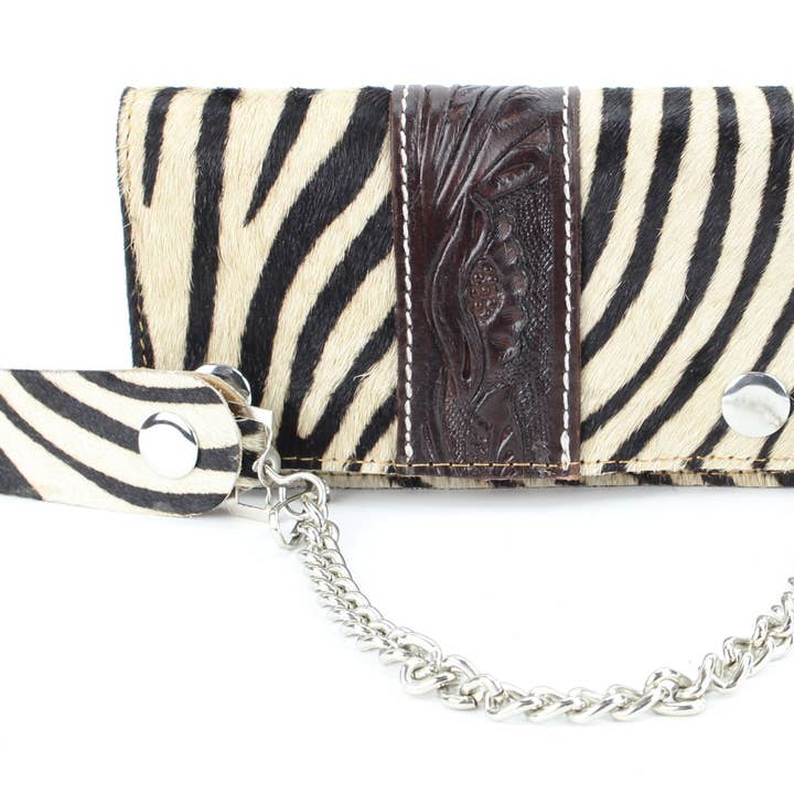 Zebra print hair on hide tooled leather chain wallet CW6HOHZ for wholesale by Leather Impressions Inc