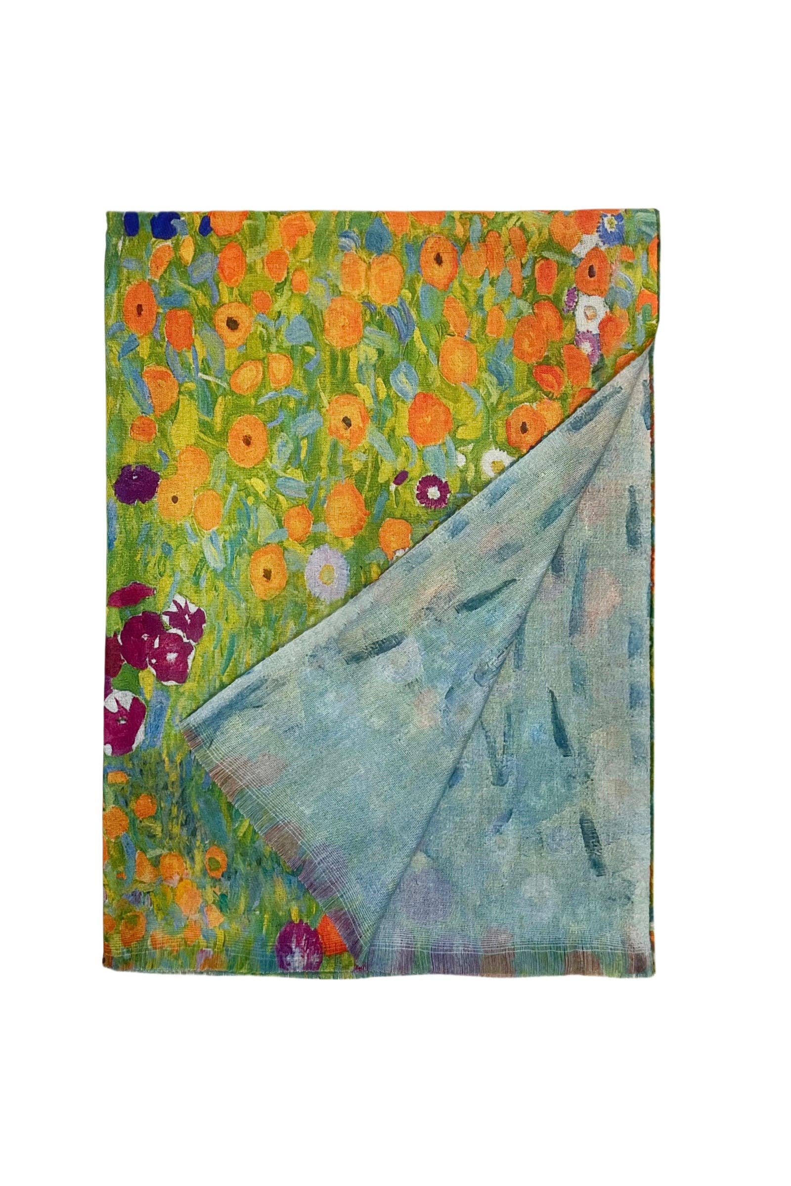 Multi Klimt 'Flower Garden' Print Wool Reversible Frayed Scarf for wholesale on Faire2
