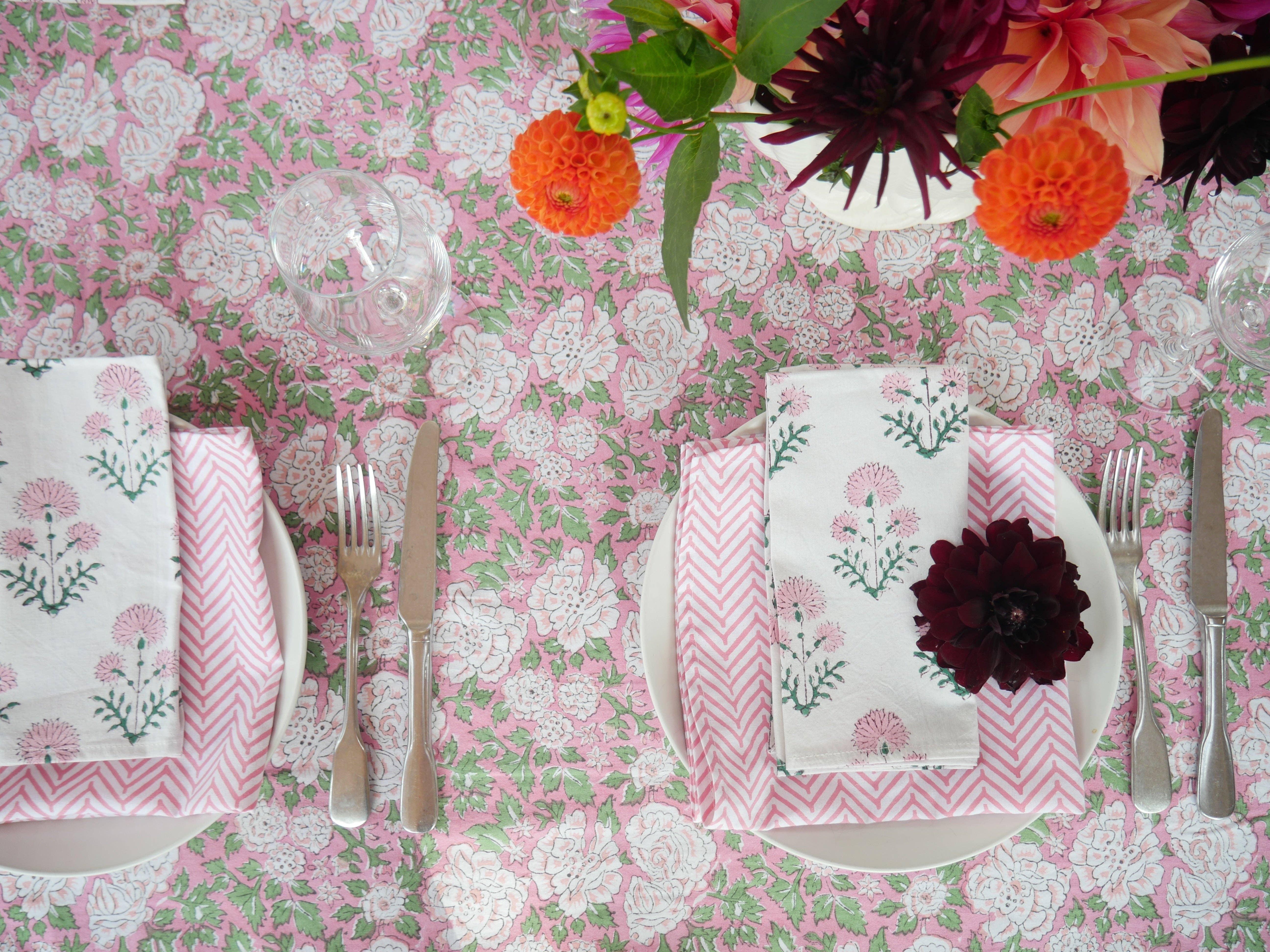 Constance & Denny – wholesale Tablecloth – IN BLOOM PINK hand block printed tablecloth2