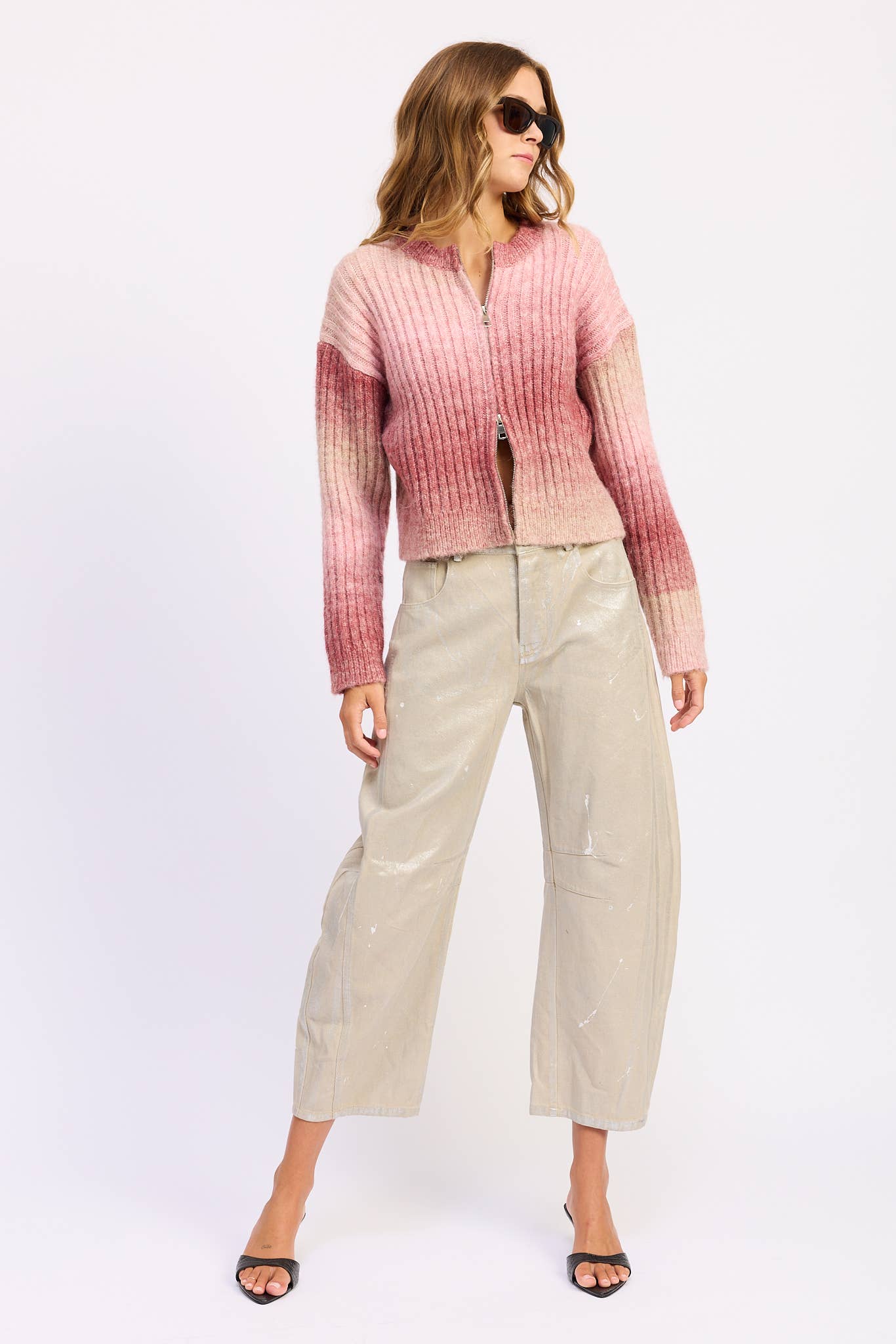 Rose CARDIGAN CÔTELÉ AVEC DOUBLE FERMETURE ÉCLAIR en vente sur Faire4