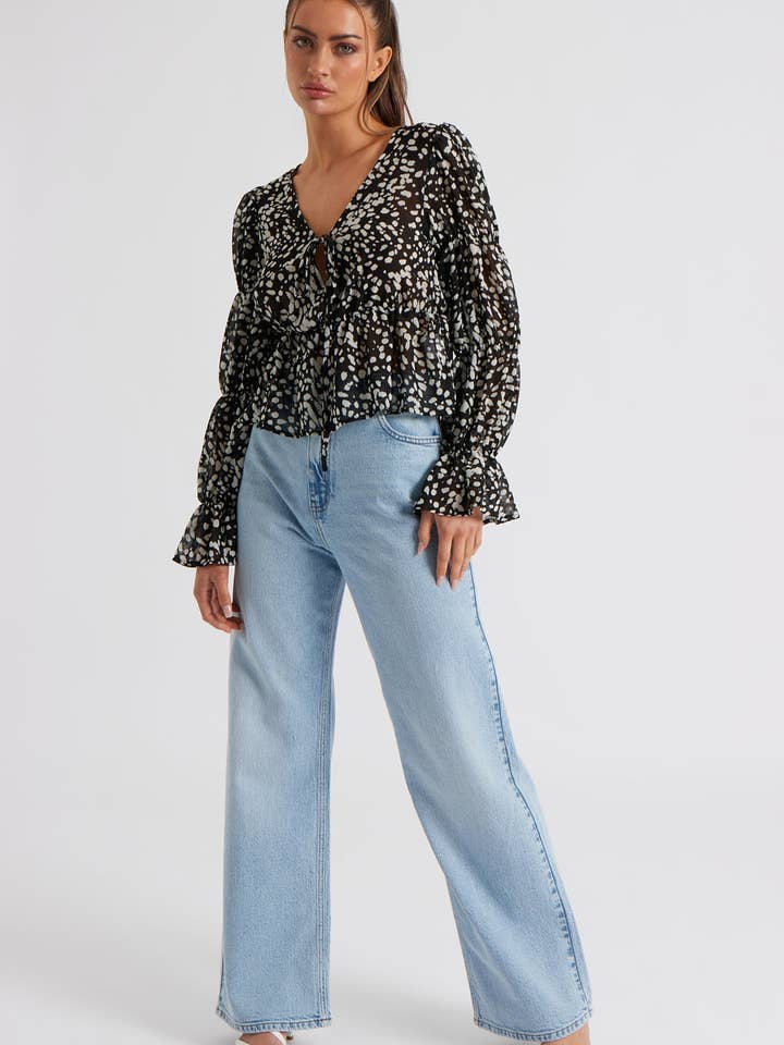 Maise Black Tie Front Ruched Sleeve Blouse for wholesale by Urban Bliss