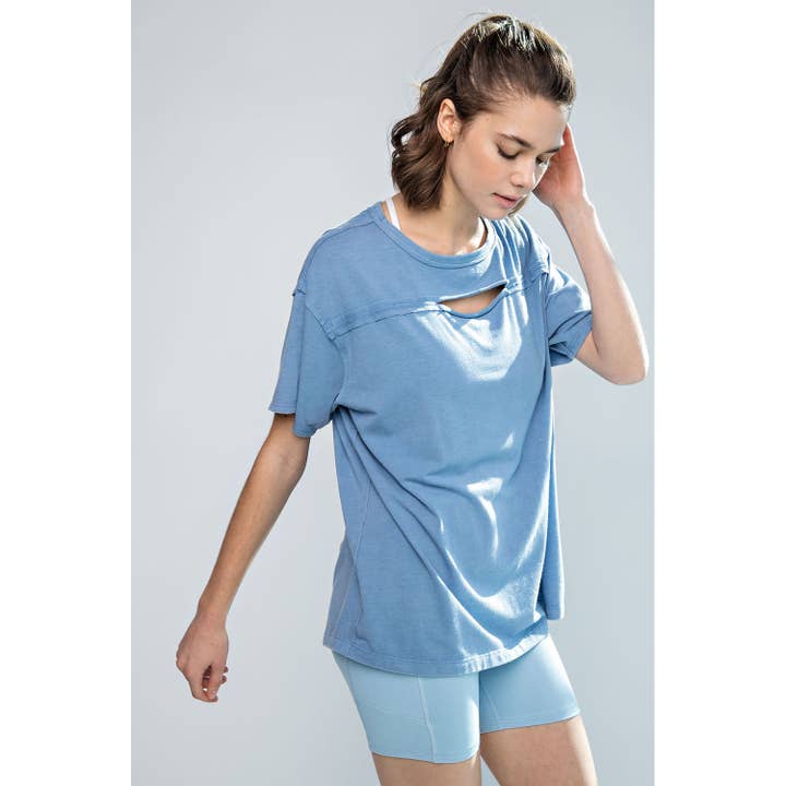 Rae Mode - Wholesale Shirt - Women's - MINERAL WASH SHORT SLEEVE TOP WITH CHEST KEYHOLE