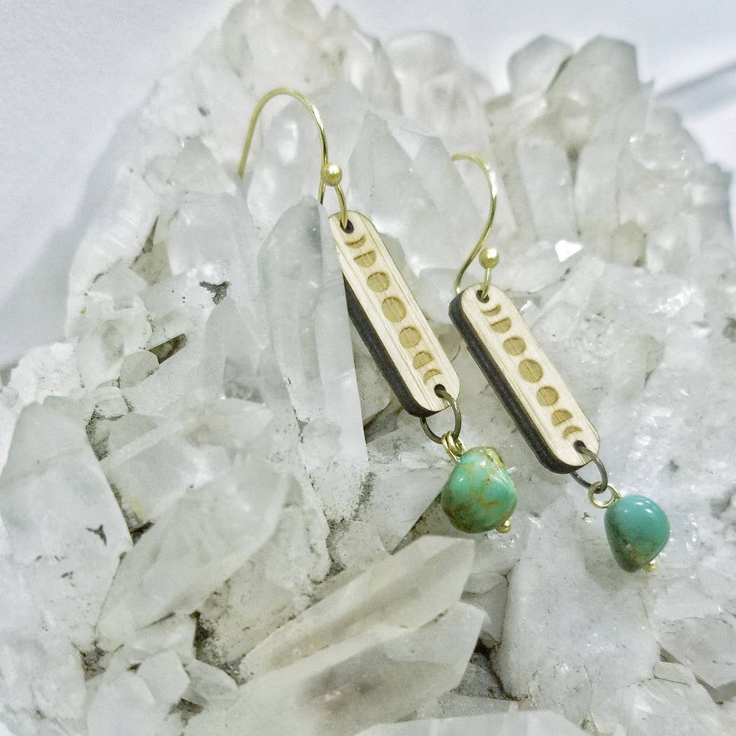 Lost & Found Design - Wholesale Dangle Earrings - Moon phases wood earrings with turquoise stone1