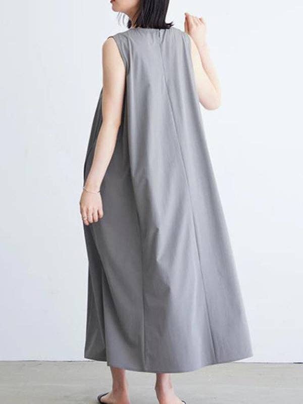 VividLux - Wholesale Dress - Women's - Loose Sleeveless Solid Color Round-Neck Midi Dresses