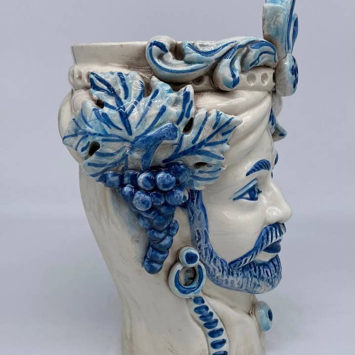 DD Ceramiche Siciliane - Wholesale Vaas - Classic Moor's Head Caltagirone Keramiek cm H.27 L.20 Handgemaakt Wit Blauw