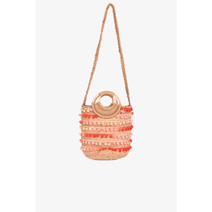 America & Beyond - Wholesale Tote Bag - Women's - Coral Pompom Fiesta Jute Handheld Tote