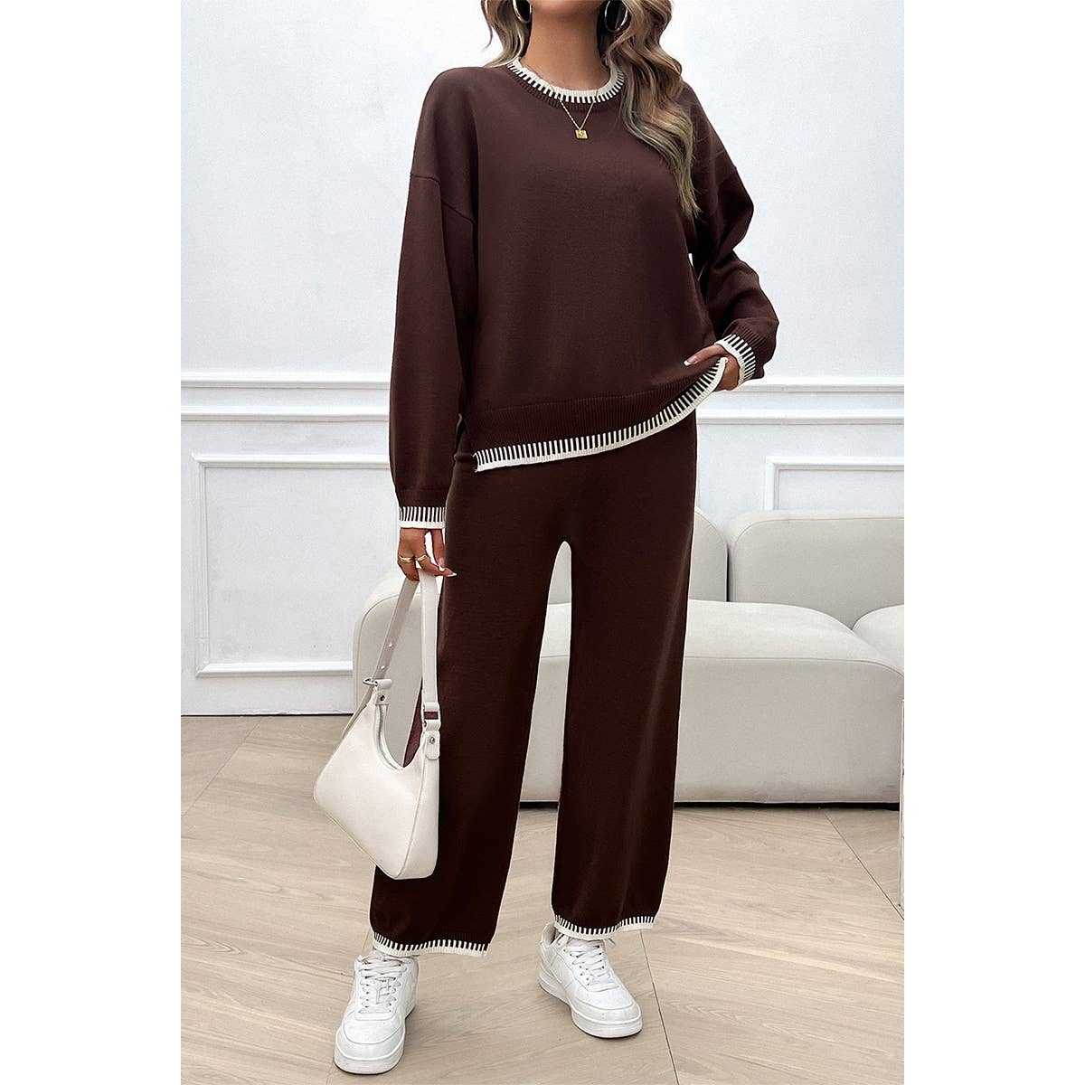 Supreme Fashion - Wholesale Lounge Set - Women's - Colock Block Round Neck Drop Shoulder Loose Set11