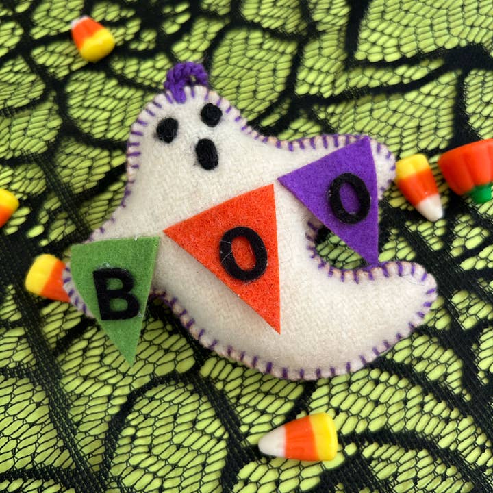 BOO! Ghost Embroidered Wool Halloween Ornament for wholesale by Ornaments 4 Orphans