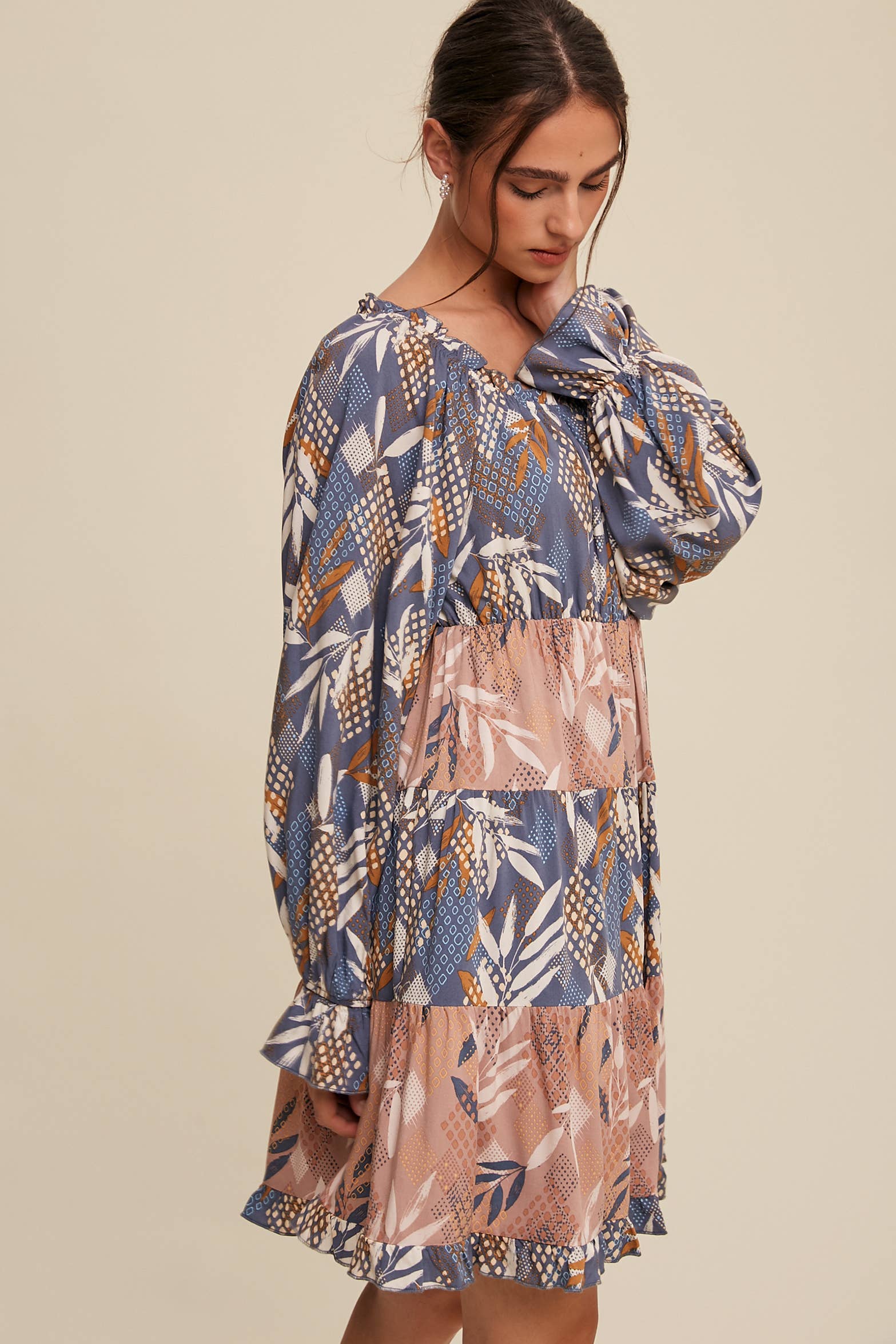 Listicle - Wholesale Dress - Women's - Patchwork Puff-Sleeve Tiered Mini Dress17