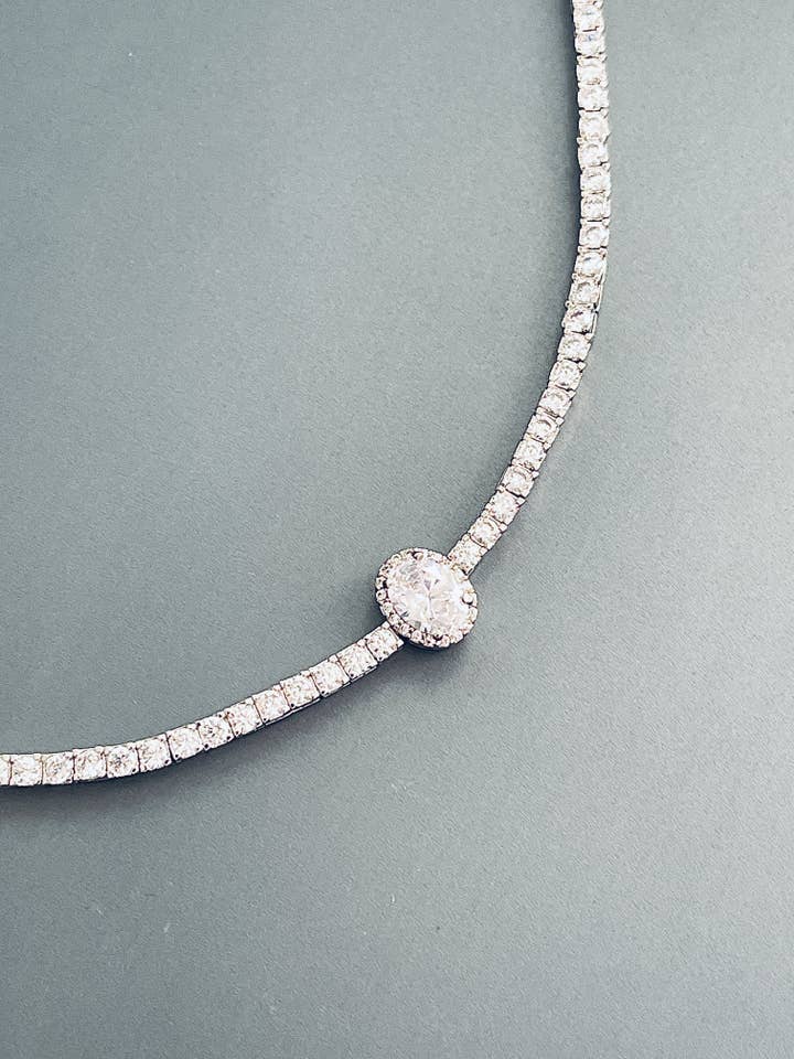 POET - CZ Choker Adjustable With Oval Center Stone Necklace In Silver for wholesale by JohnnyB Jewelry