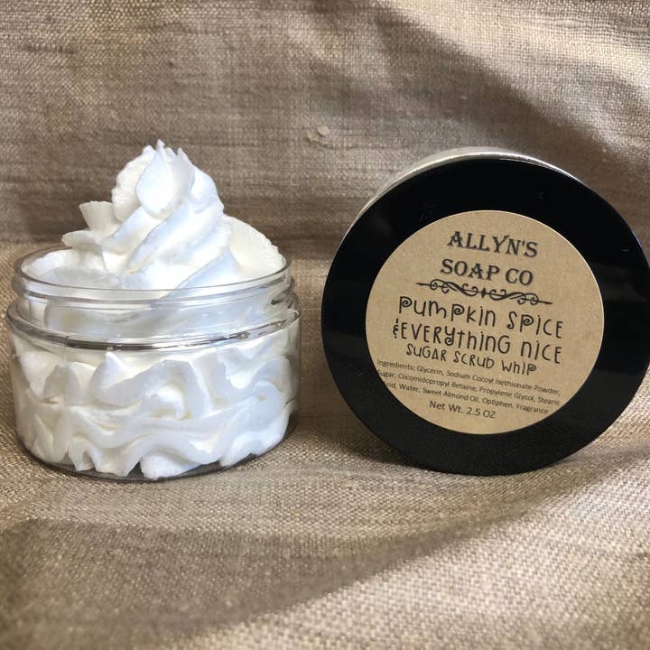 Pumpkin Spice & Everything Nice Whipped Sugar Scrub for wholesale by Allyn’s Soap Co.