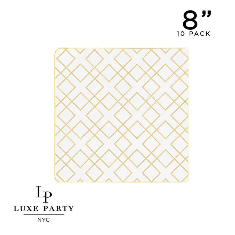 Luxe Party - Wholesale Disposable Plate - Square Clear • Gold Art Deco Pattern Plastic Plates | 10 Plates1