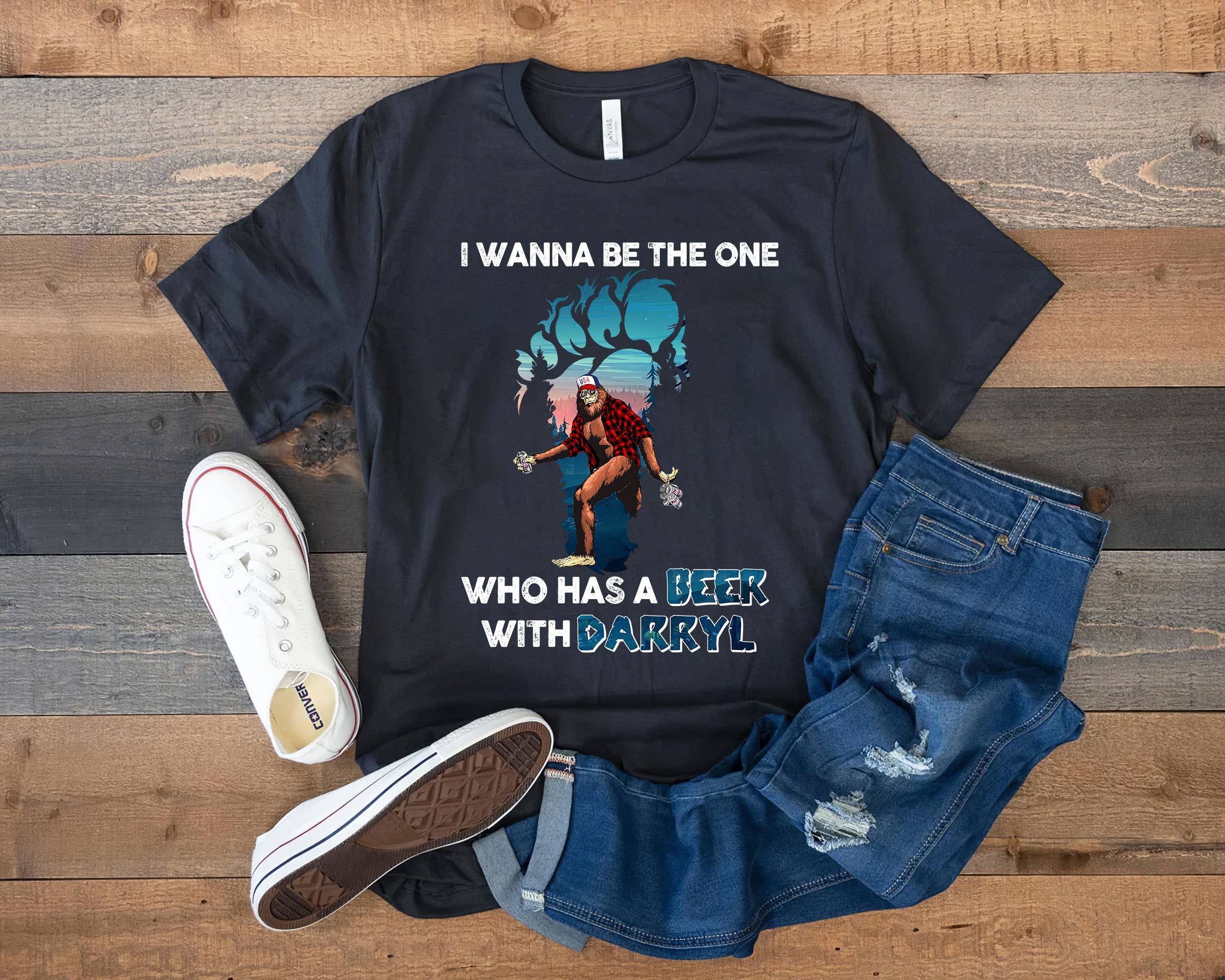 Black Bigfoot I Wanna Be The One Who Has A Beer With Darryl Shirt for wholesale on Faire0