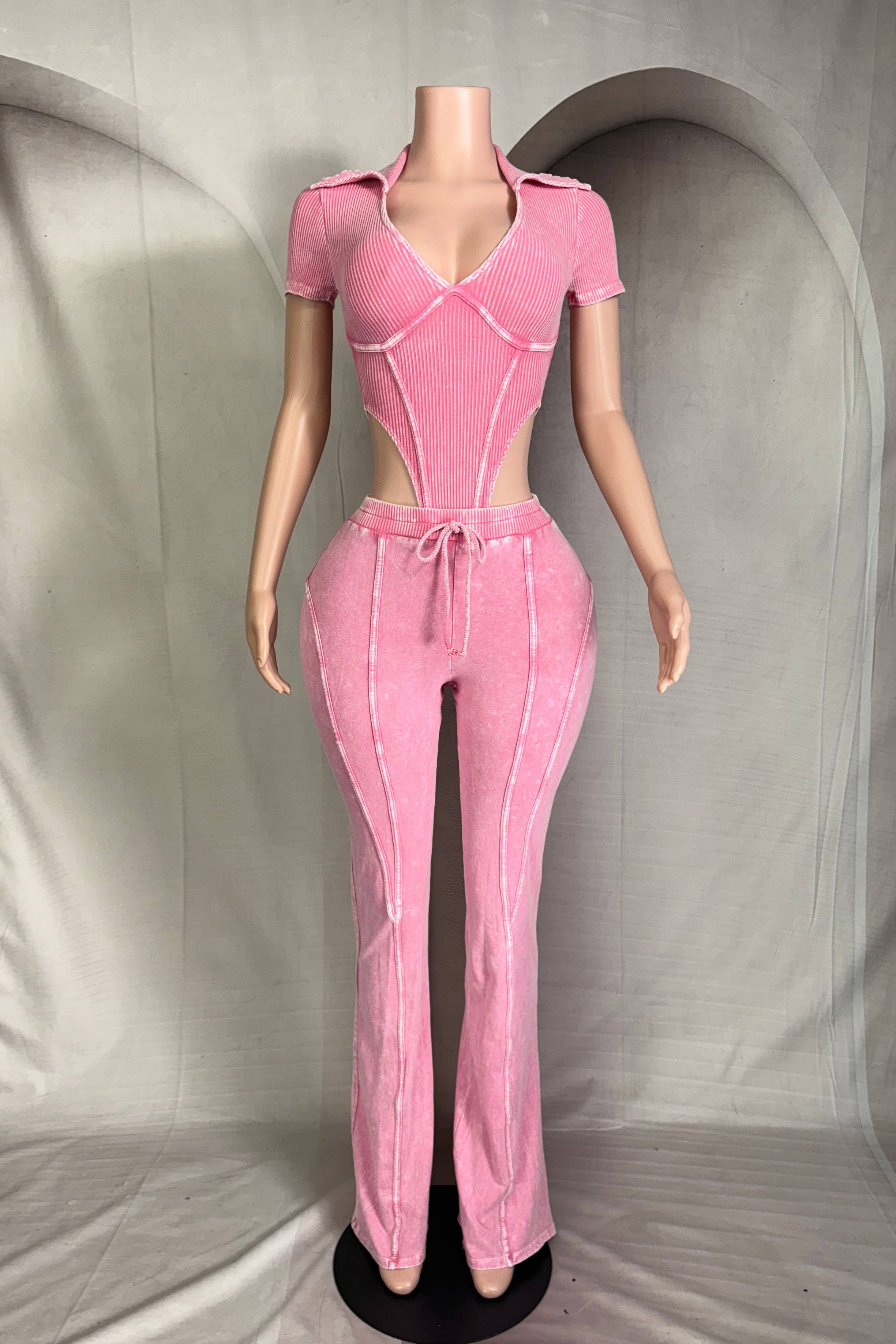 Dalia Studio - Wholesale Top & Pant Set (NOT Loungewear) - Women's - MINERAL WASH DEEP-V COLLARED BODYSUIT & PANT SET6