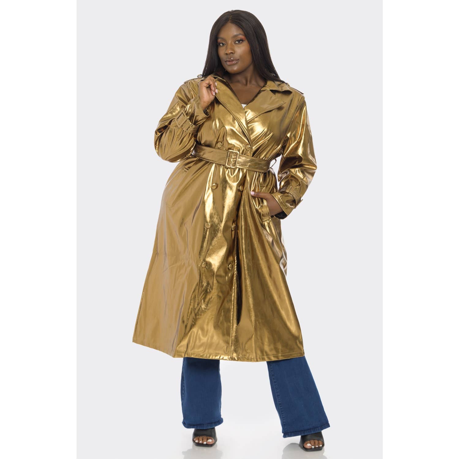 SJ630123-1P - PLUS COPPER COLOR METALLIC TRENCH COAT for wholesale on Faire1