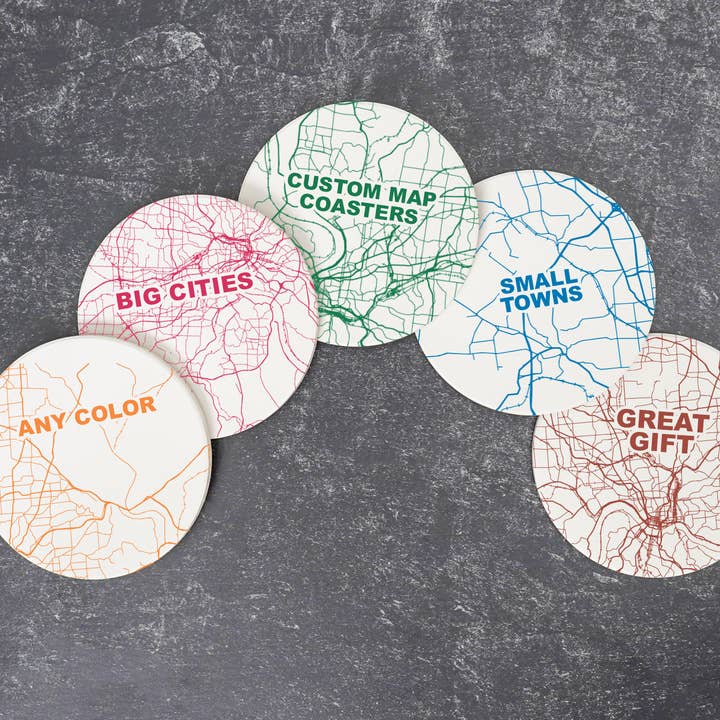 Any Custom Map - Ceramic Color Map Coasters - Your City/Town for wholesale by Blue Ridge Mountain Gifts