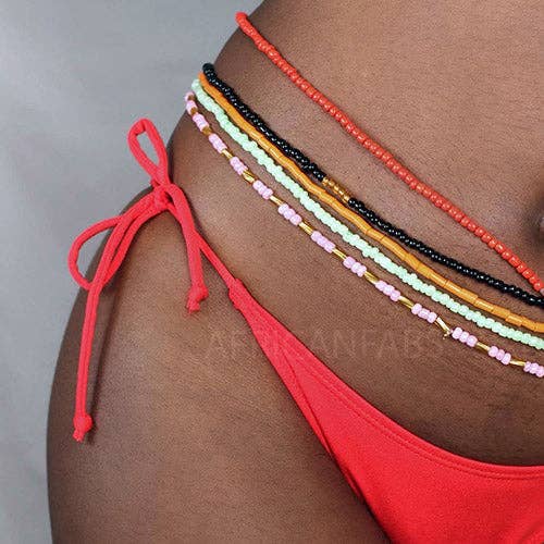 AfricanFabs - Wholesale Kralen - 3-in-1 tailleketting / Afrikaanse heupketting - ABEBI - roze / wit (elastisch)2