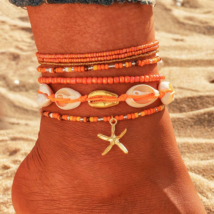 Sensibling Corp. – wholesale Jewellery set – 6PCS - Starfish Charm Accented Conch Shell Seed Beaded Multi Layered Anklets8