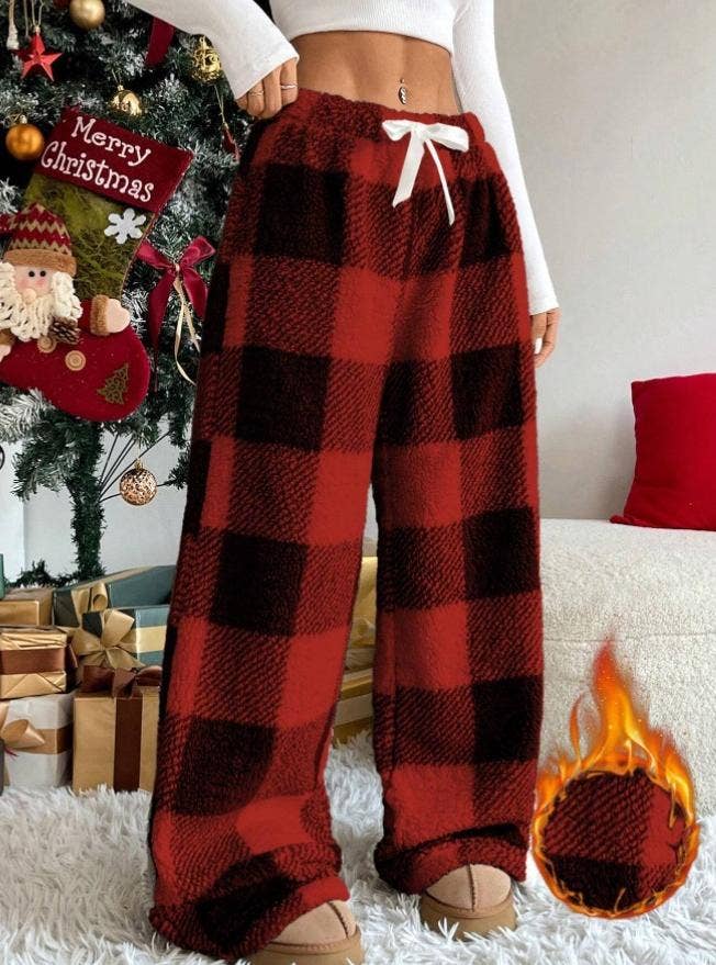 HIDDENBRAND - Wholesale Pants - Women's - Flannel Plaid Print Fleece Lounge Pants3
