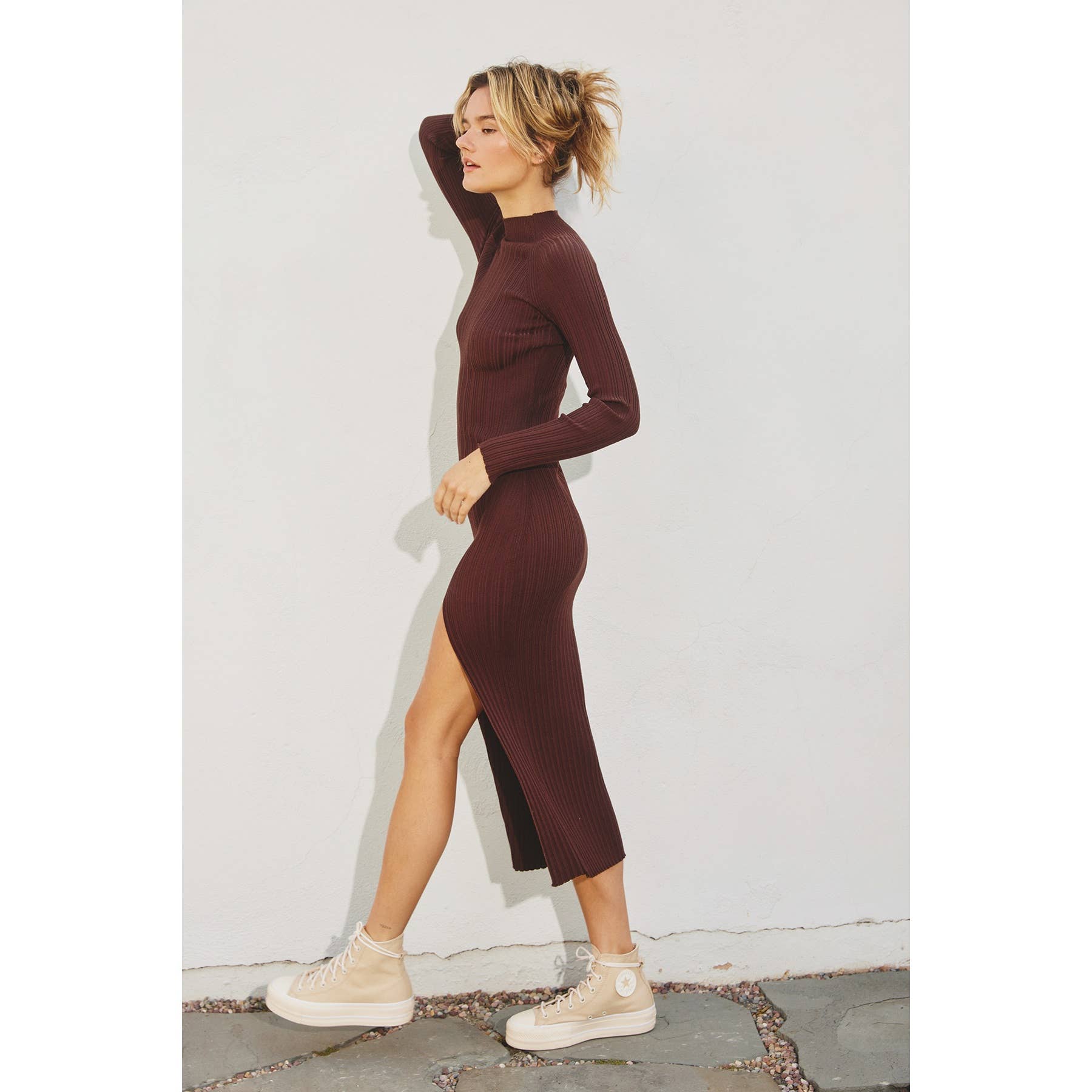 Dress Forum – Vestido - Mulher por atacado – Vestido bodycon de suéter midi com gola alta e fenda5