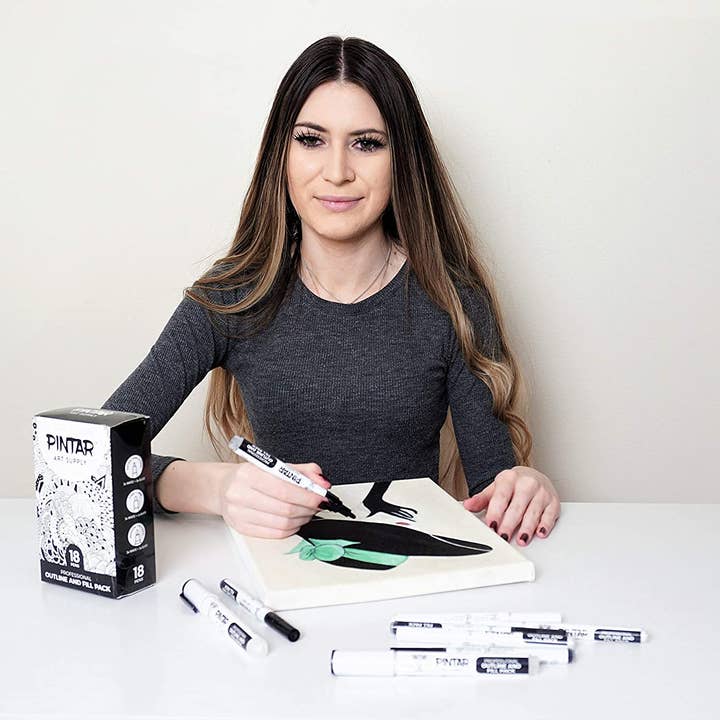 Pintar Art Supply - Wholesale Marker - PINTAR Art Supply Professional Outline & Fill Pack - Set of 18 Black/White Paint Markers (6) 0.7mm (6) 1mm (6) 5mm Tips - Smooth-Flowing Japanese Ink3