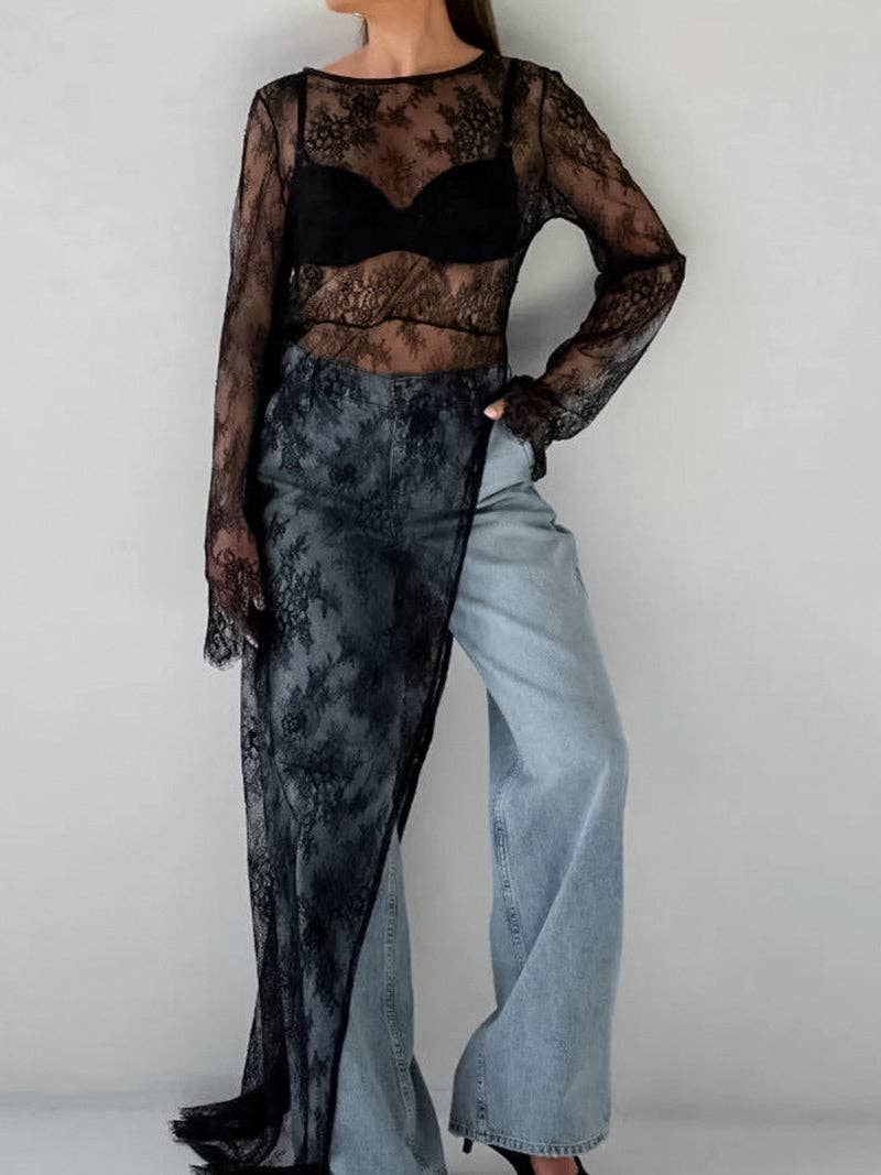 BLACK Sheer Lace Asymmetrical Long-Sleeve Top for wholesale on Faire8