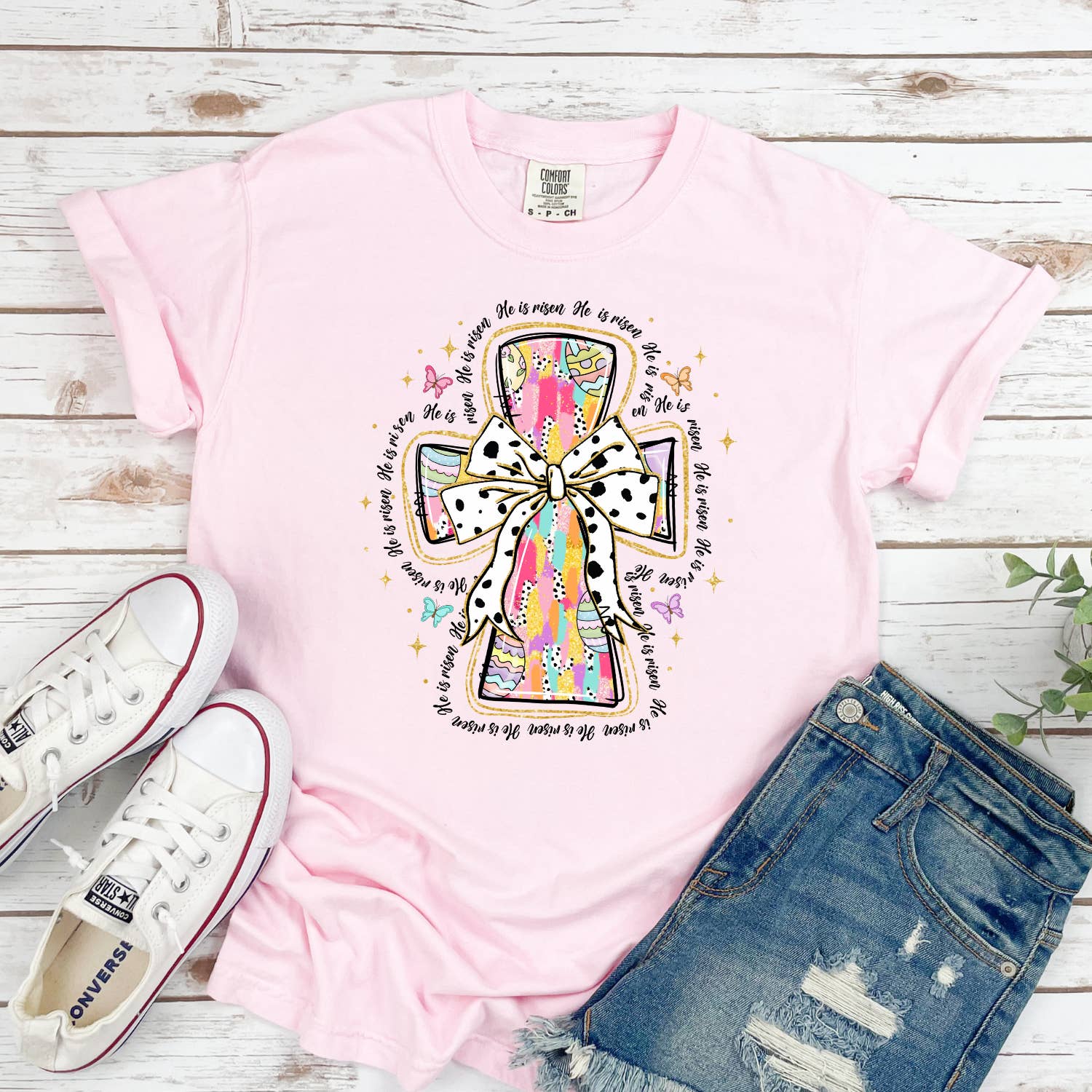 The American Honey - Wholesale Screen printed t-shirt – Women′s - He is Risen | Easter | Bow Dots | Christian | Pink CC Tee