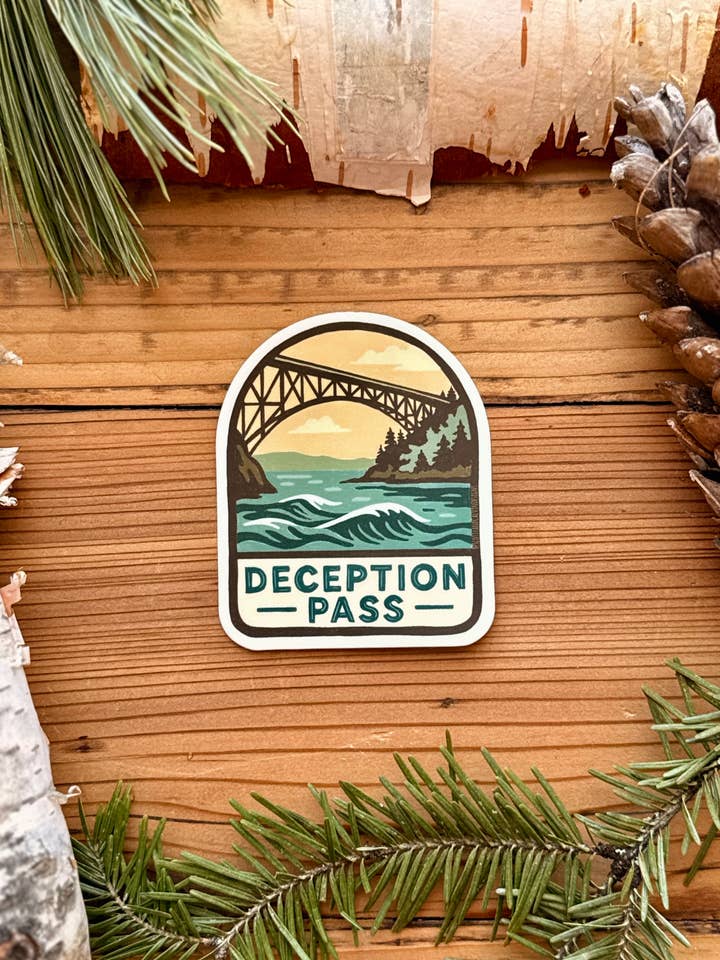 Deception Pass Whidbey Island, WA Weatherproof Sticker for wholesale by Scotty + Calvin Designs