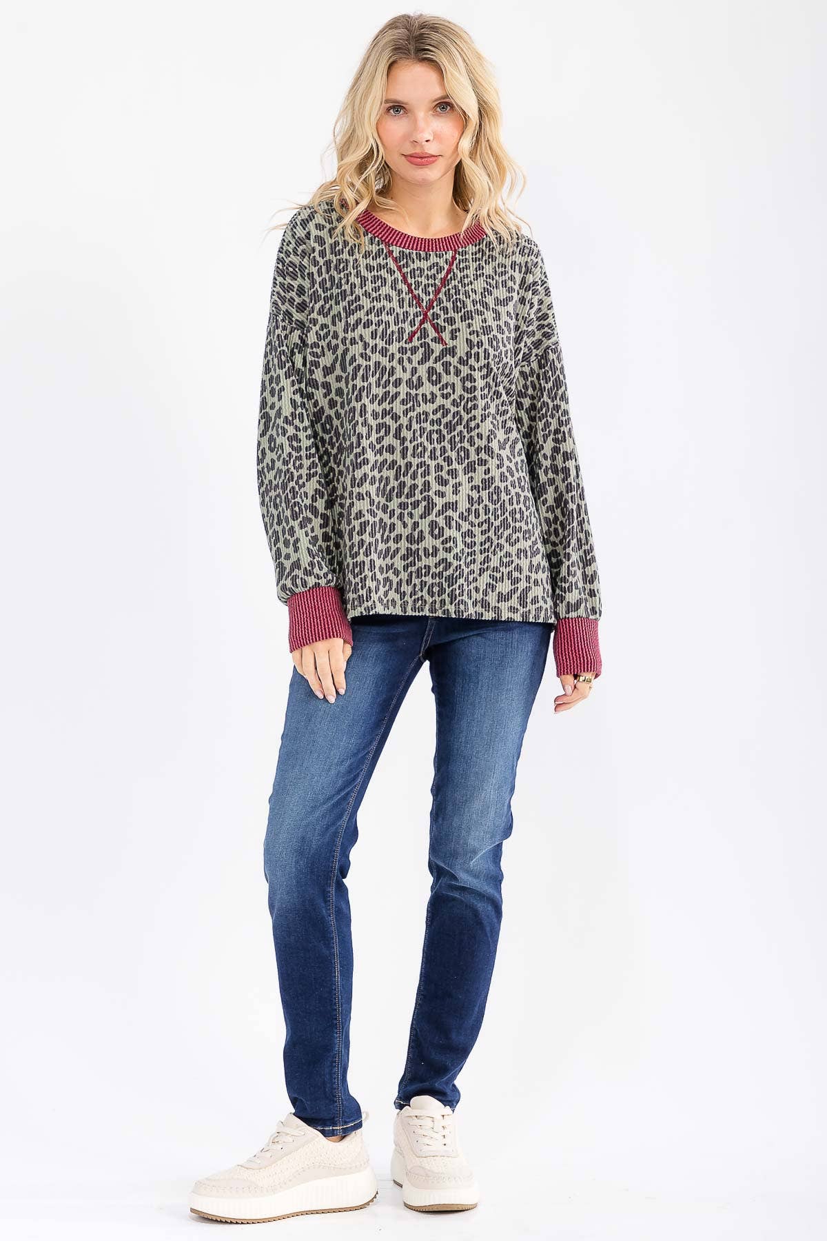 7th Ray - Wholesale Knit Top - Women's - Rib Animal Print Drop Shoulder V Seam Long Sleeve Top T581713