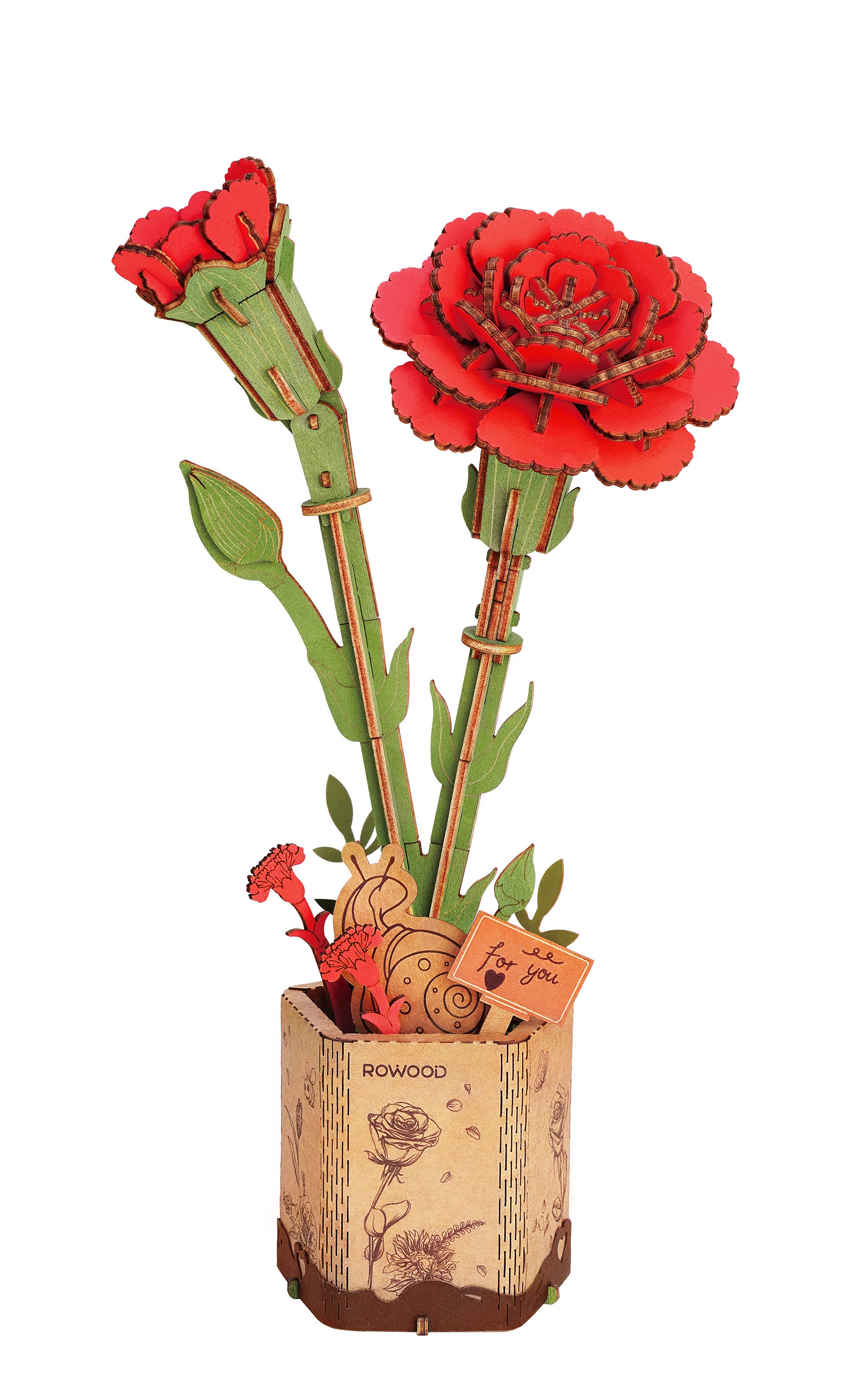 Robotime - Wholesale DIY Craft Kit - TW052 Red Carnation Rowood DIY Wooden Flower Bouquet 3D2