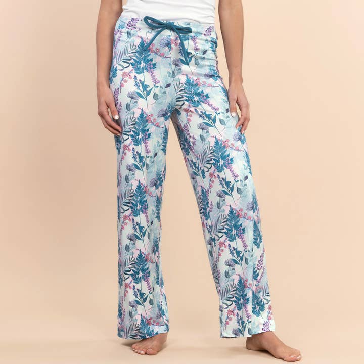 Pantalon de Pyjama Fleurs de Forêt | PJs Botaniques Bleu Sarcelle & Lavande pour la vente par Amanda Blu