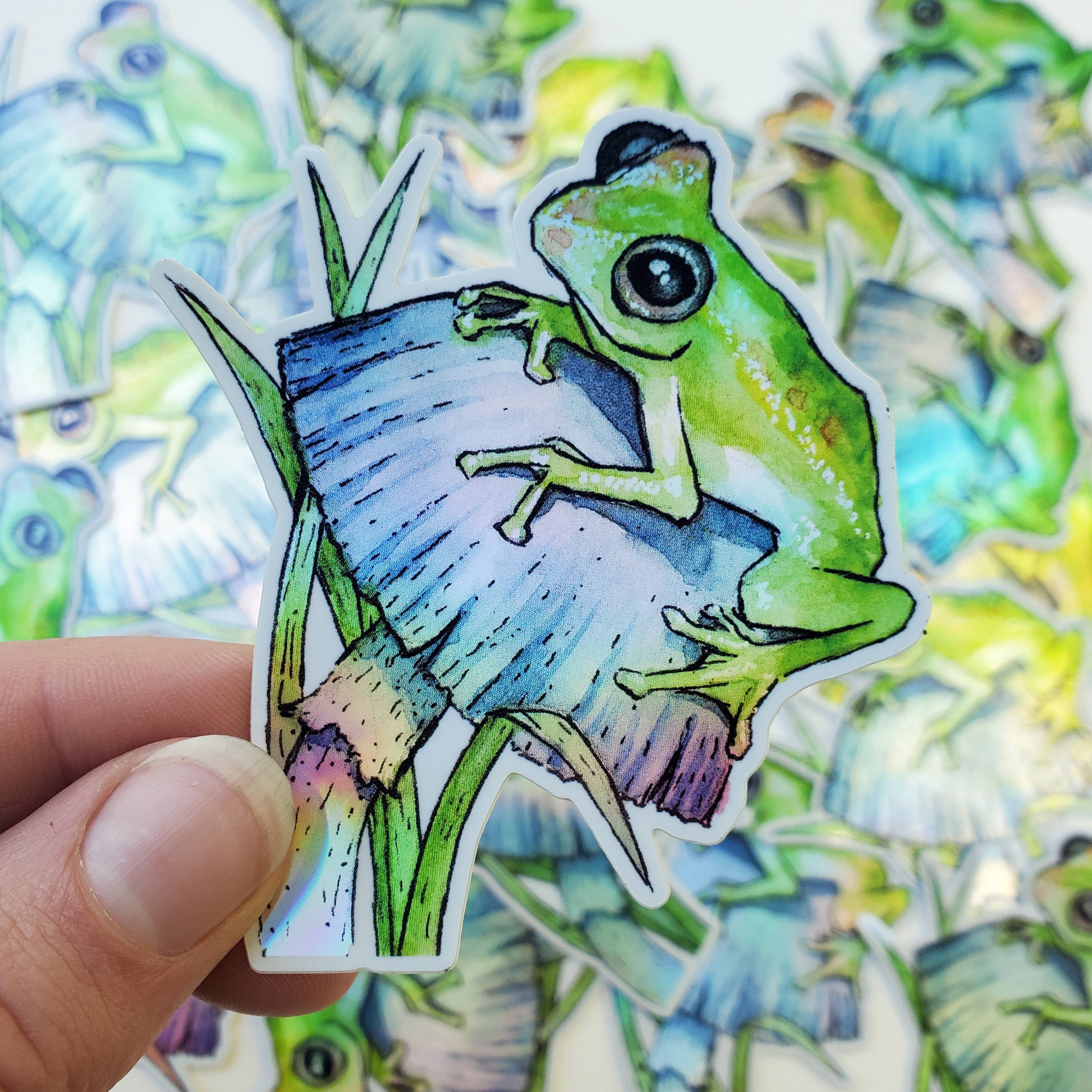 Art by Trisha Hall - Wholesale Sticker - "Hopscotch" Frog & Mushroom Holographic Sticker1